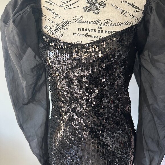 Shein Black Sequin Mini Dress with Sheer Puff Sleeves – Size M - Picture 2 of 3